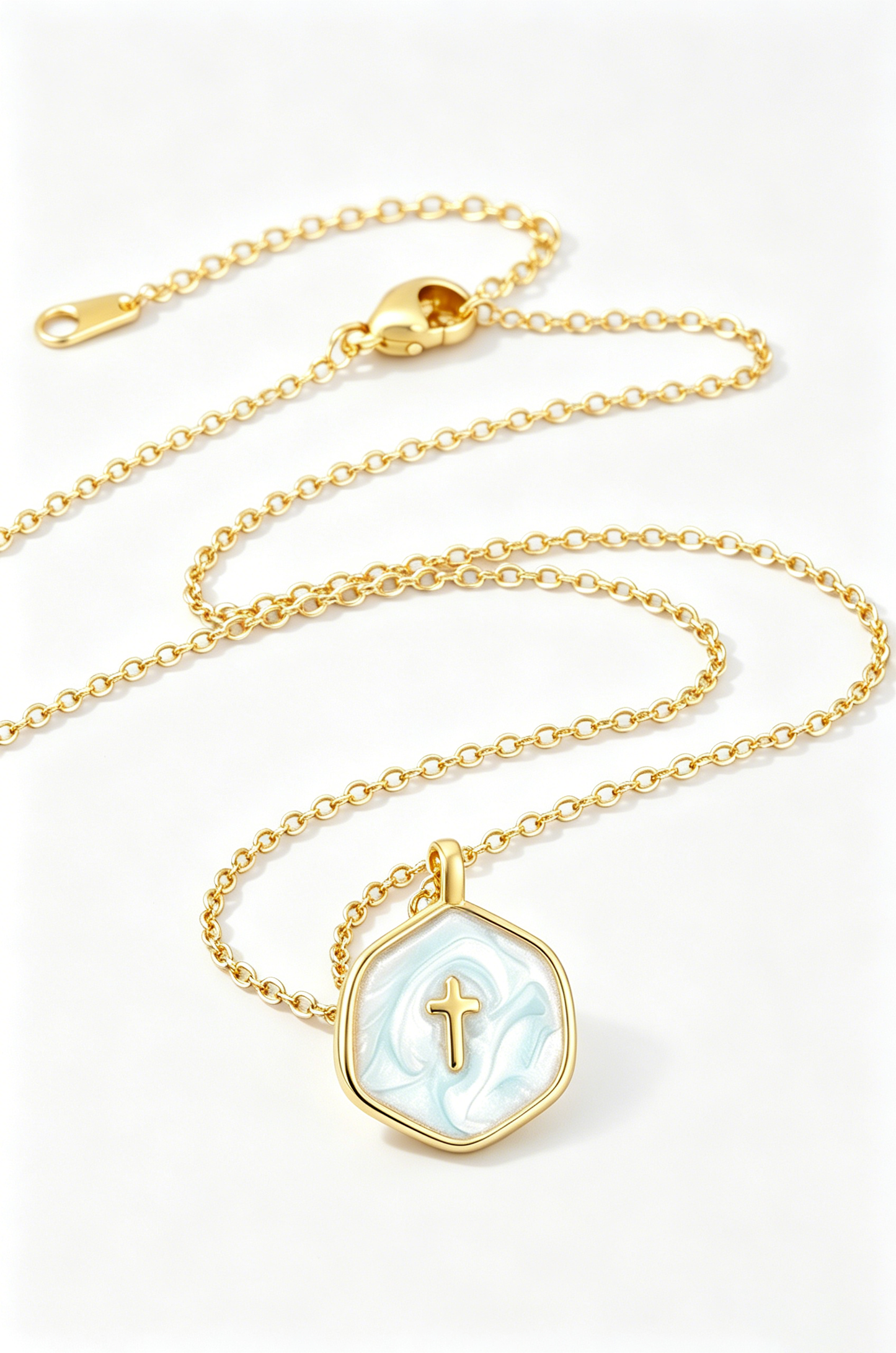 Hexagon Coastal Cross Necklace Goldtone Marine Enamel Chain: Blue
