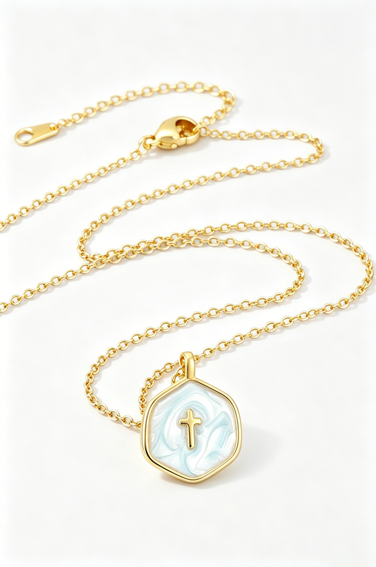 Hexagon Coastal Cross Necklace Goldtone Marine Enamel Chain: Blue
