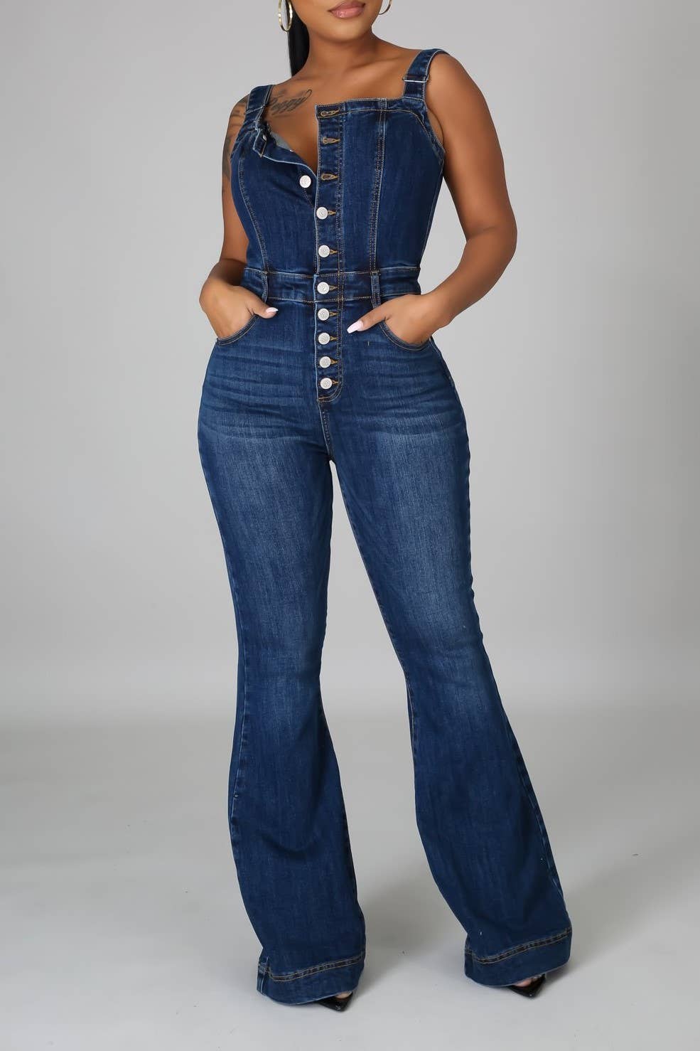 High rise Buttons denim bootcut overalls: Blue / L