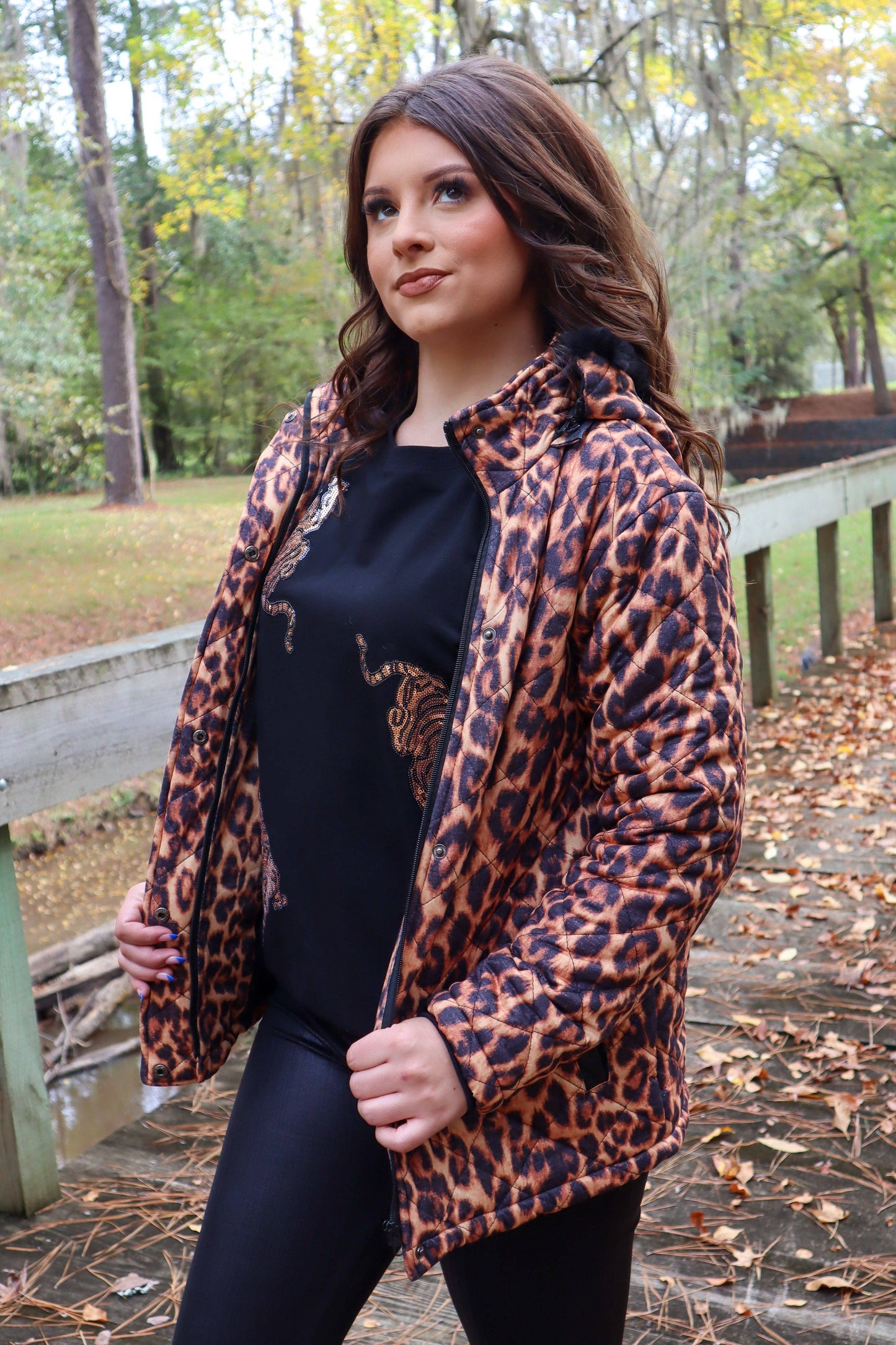 MK132 Carolina Fur Trimmed Quilted Jacket - Leopard: LEOPARD / S