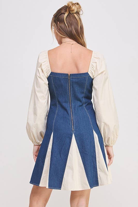 LONG SLEEVE 2-TONE LACE UP DENIM FLONCE DRESS: DENIM / S