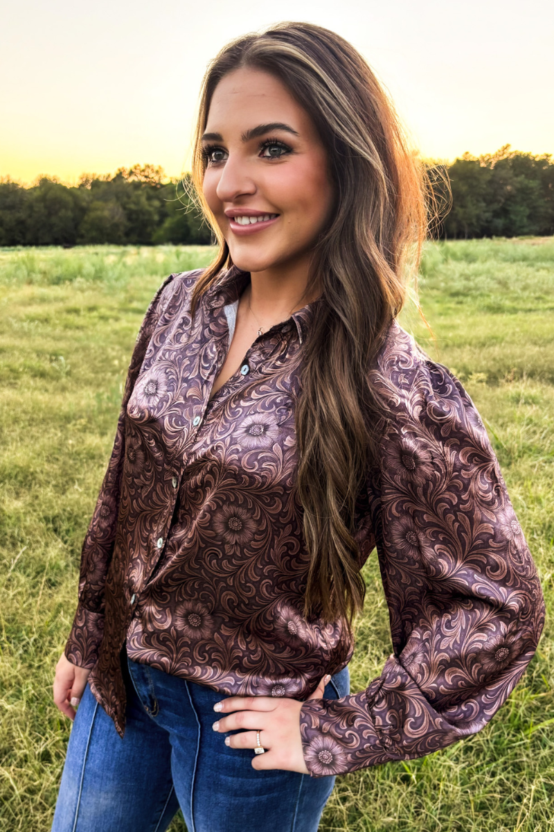 Bronzed Bloom Button Up: L