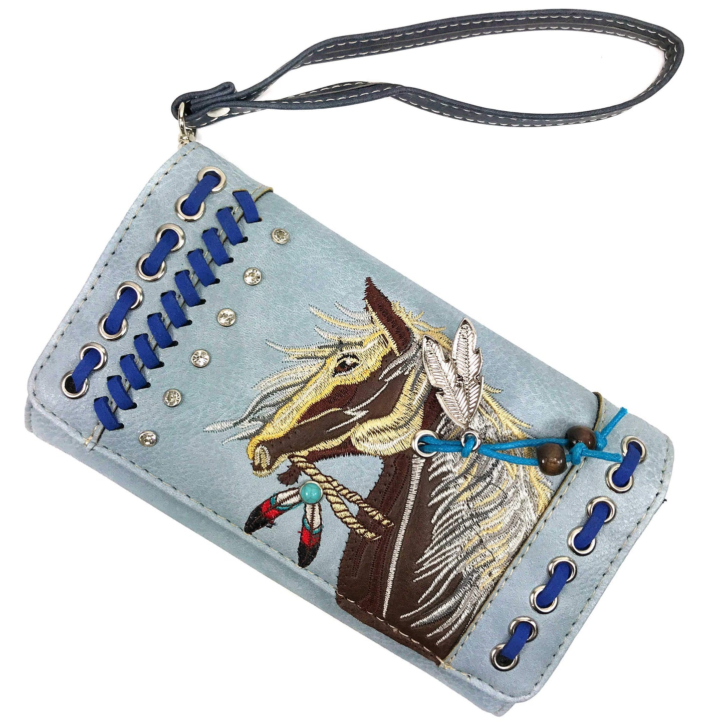 Horse Embroidery Western Crossbody Wristlet Wallet: Brown