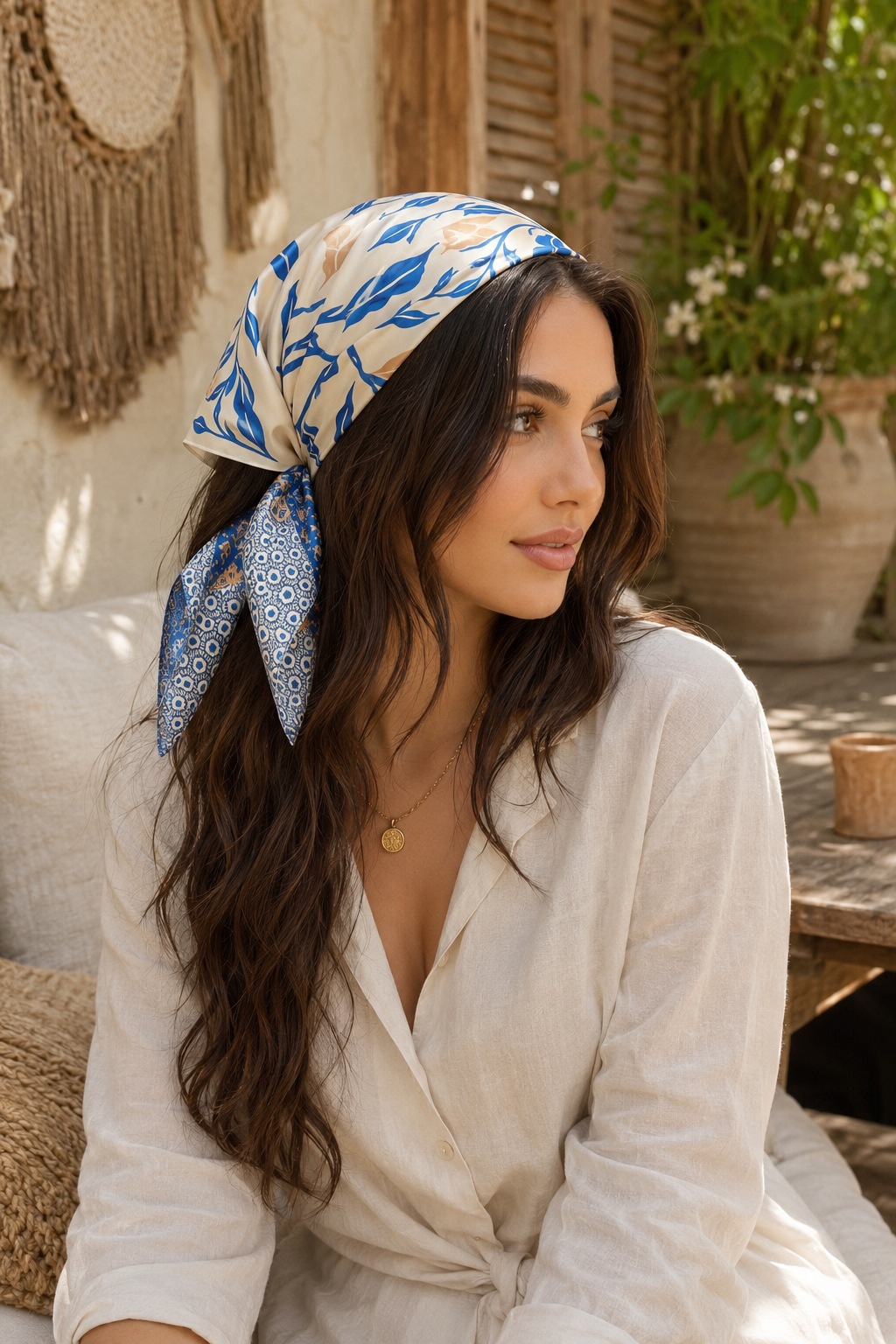 Boho Floral Satin Hair Bandana | Silk Feeling Purse Scarf: Santorini Blue