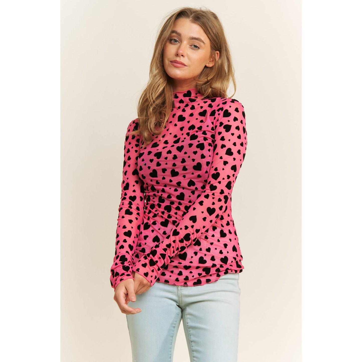 HEART COUNTRY HIGH NECK DESIGN LONG SLEEVE FITTED TOP: Hot Pink with Black Hearts / S-M-L