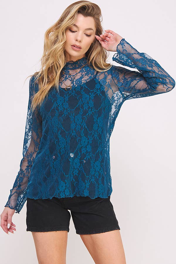 Floral print lace long sleeves top KRT1739: FUCHSIA / S