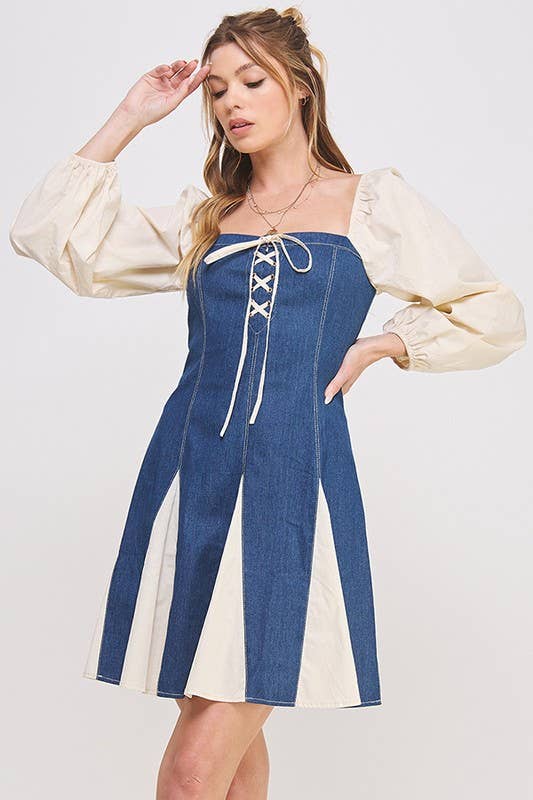 LONG SLEEVE 2-TONE LACE UP DENIM FLONCE DRESS: DENIM / XL
