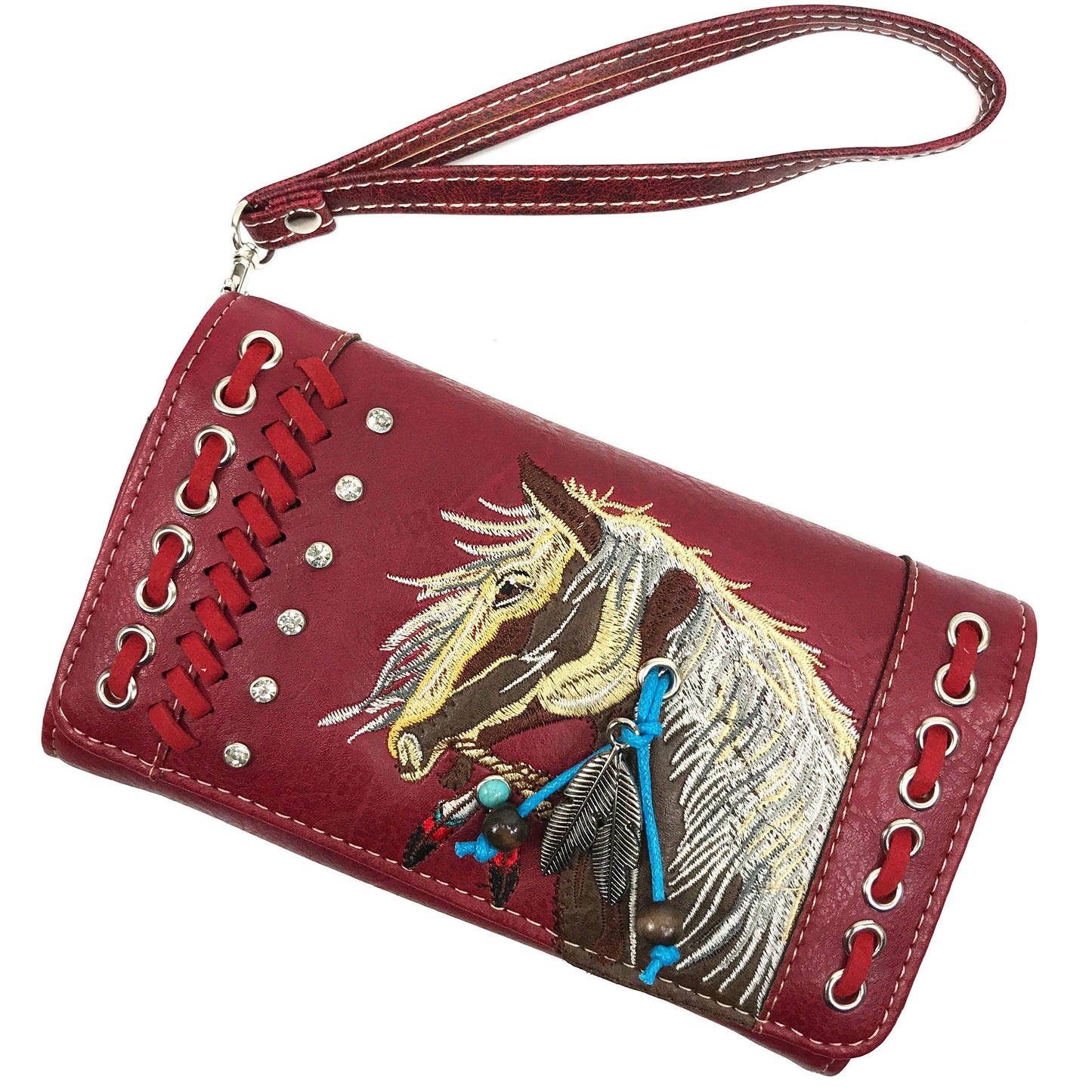 Horse Embroidery Western Crossbody Wristlet Wallet: Turquoise