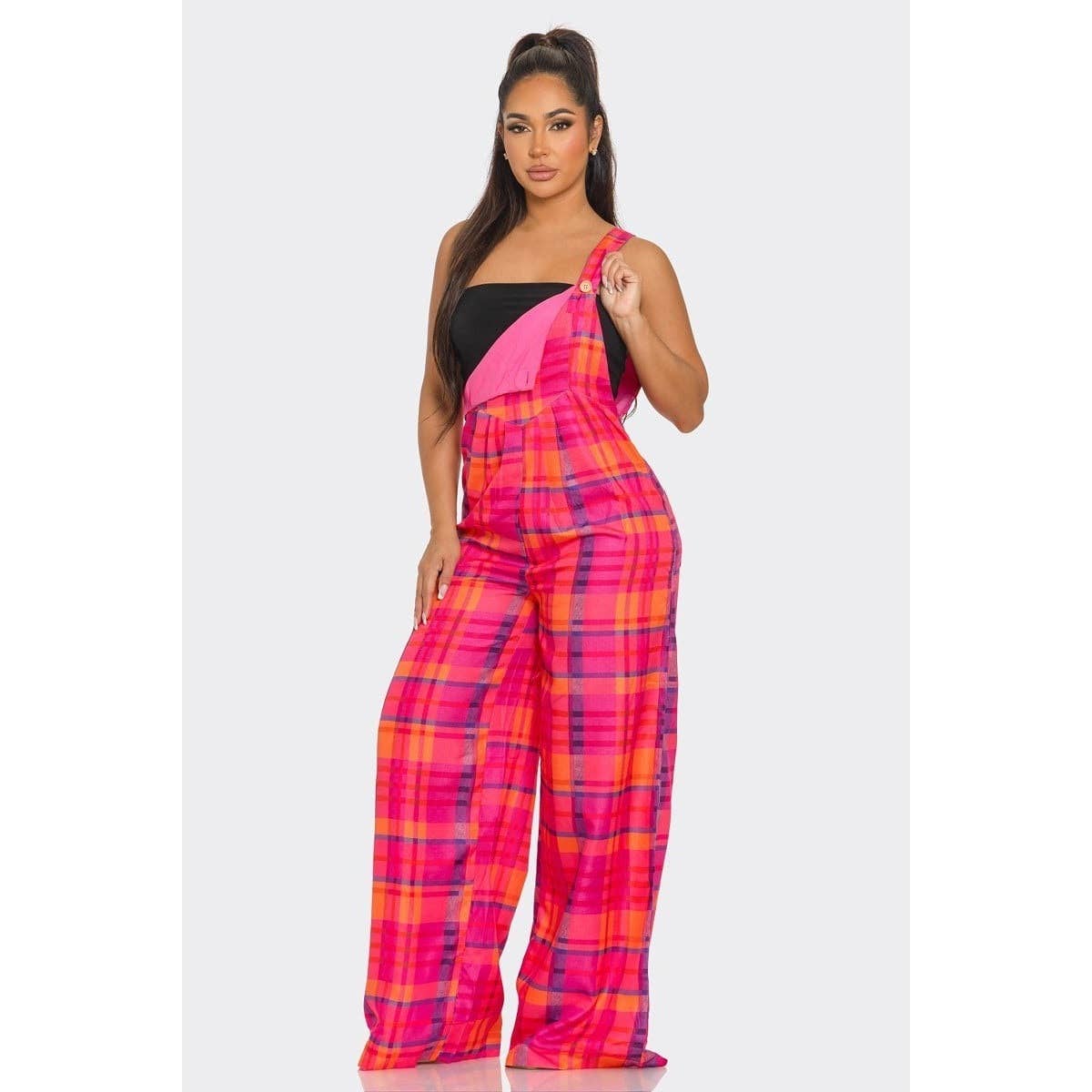 Plaid Chic Wide-Leg Overalls: HOT PINK/MULTI / L