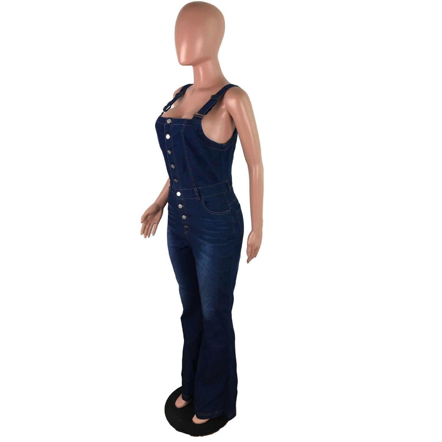 High rise Buttons denim bootcut overalls: Blue / L