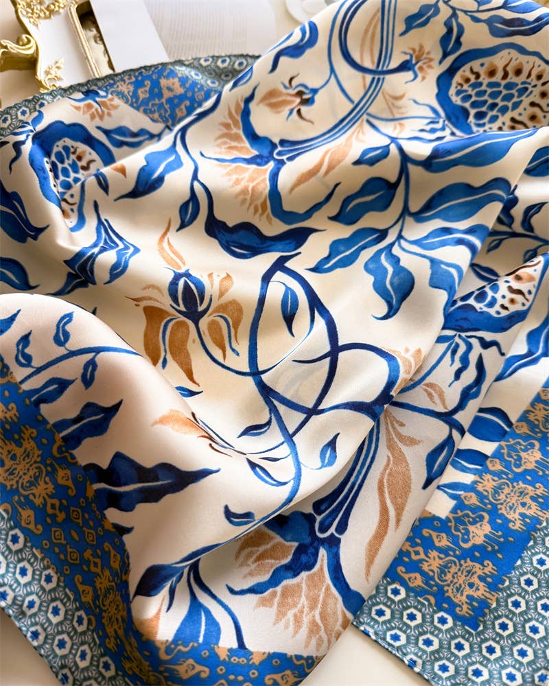 Boho Floral Satin Hair Bandana | Silk Feeling Purse Scarf: Santorini Blue