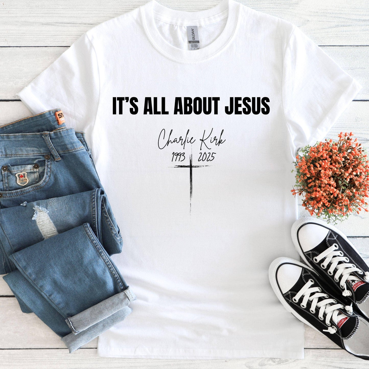 It's All About Jesus T-Shirt, Charlie Kirk RIP Sweatshirt : Custom Color / M / T-Shirt