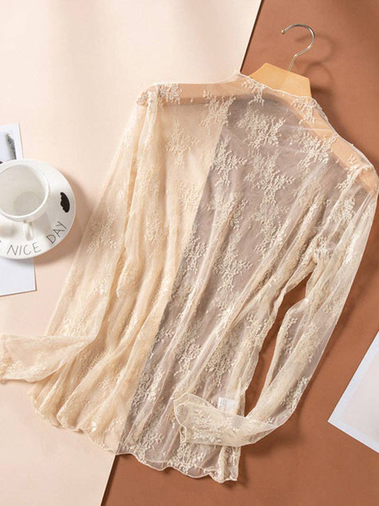 Lace Long Sleeve Top: BEIGE / L/XL