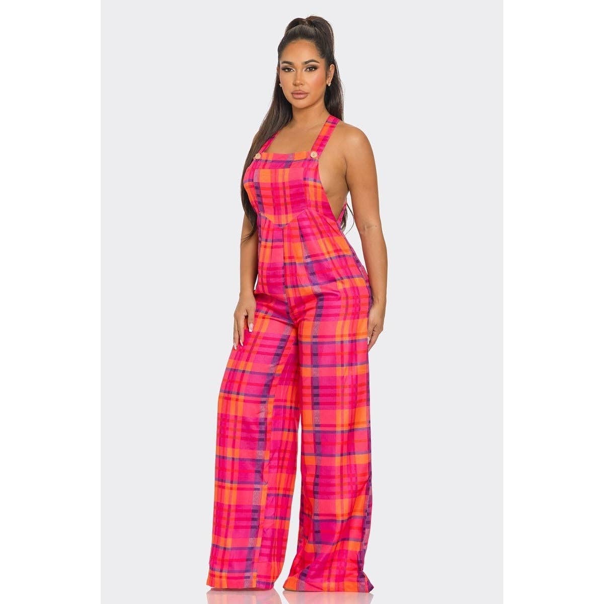 Plaid Chic Wide-Leg Overalls: HOT PINK/MULTI / M
