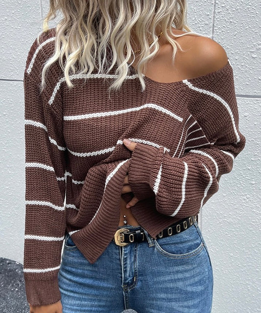 Long Sleeve V-Neck Striped Sweater