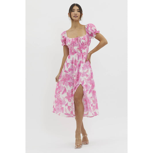 "Ansley" FLORAL PRINT RUCHED DETAIL RUFFLE SLEEVED MIDI DRESS WITH SIDE SLIT