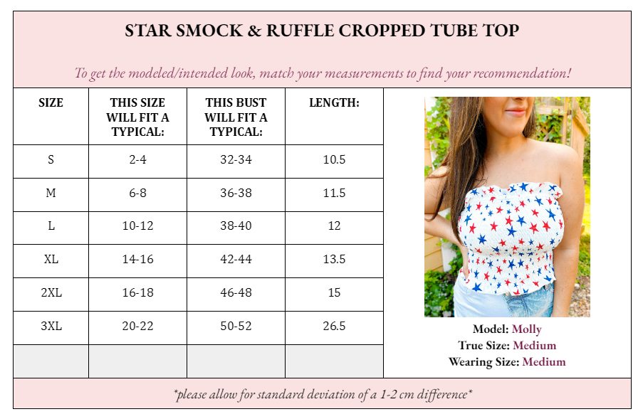 Star Smocked & Ruffled Cropped Tube Top: S