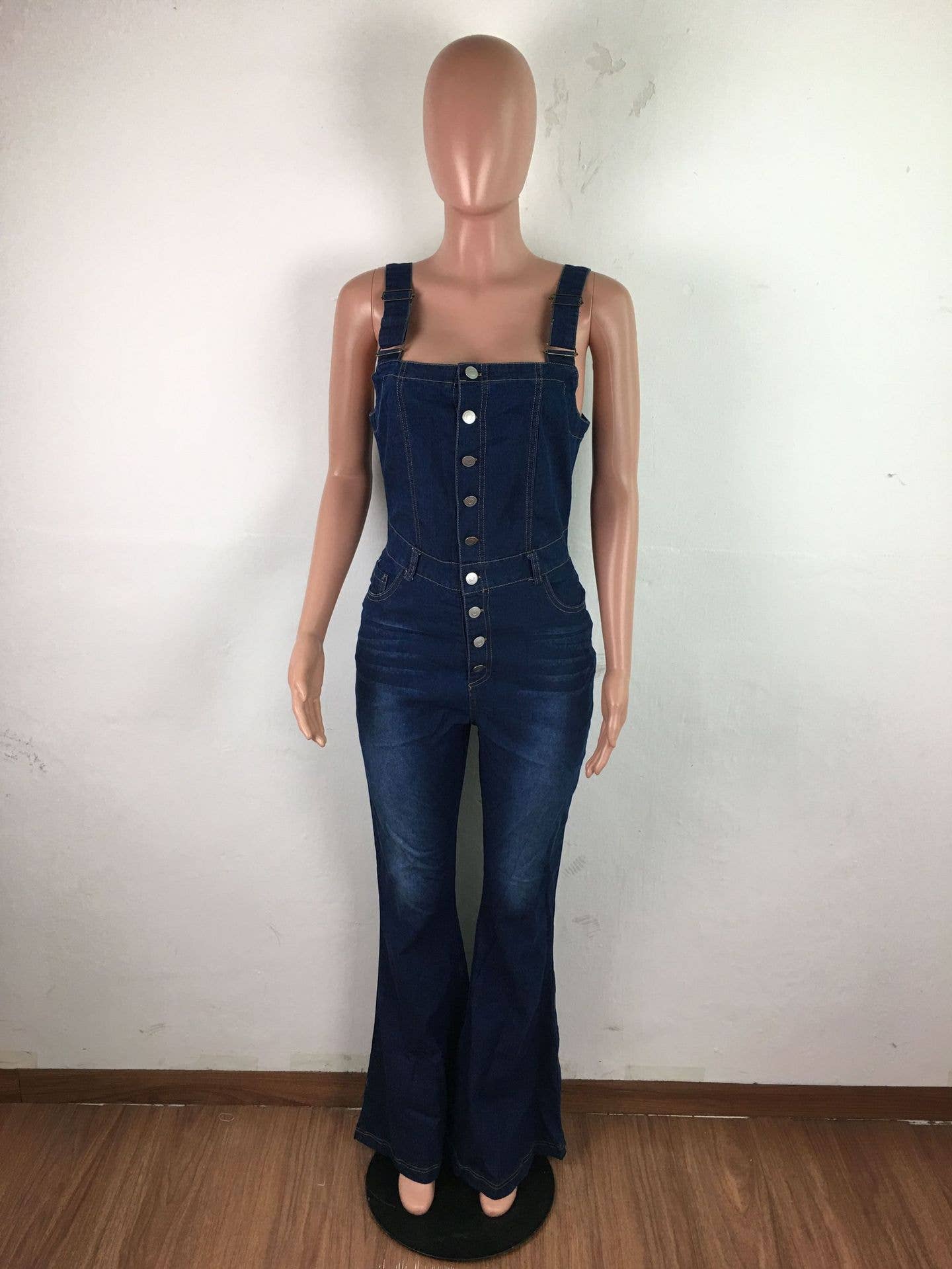 High rise Buttons denim bootcut overalls: Blue / L