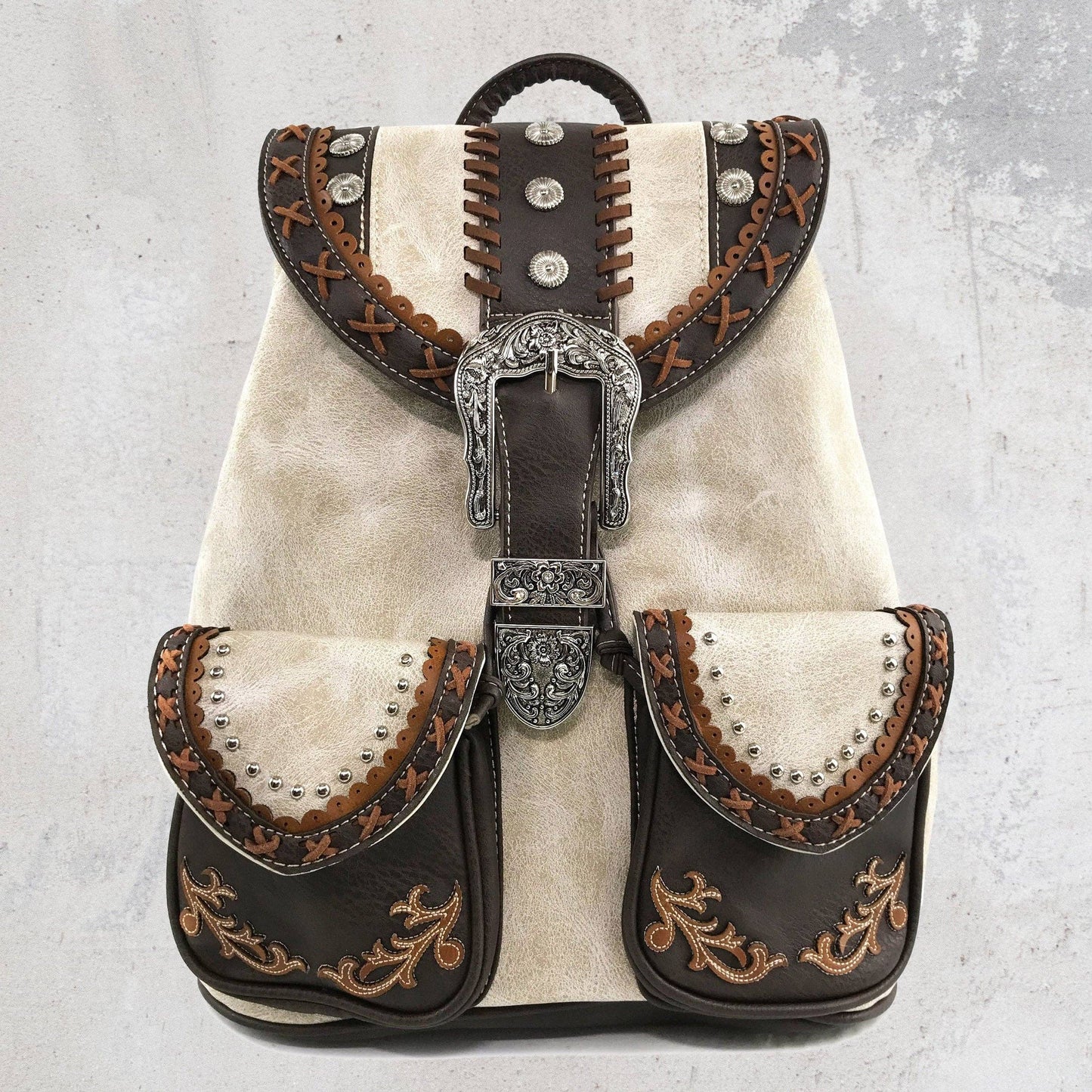 Western Leather Buckle Backpack: Tan