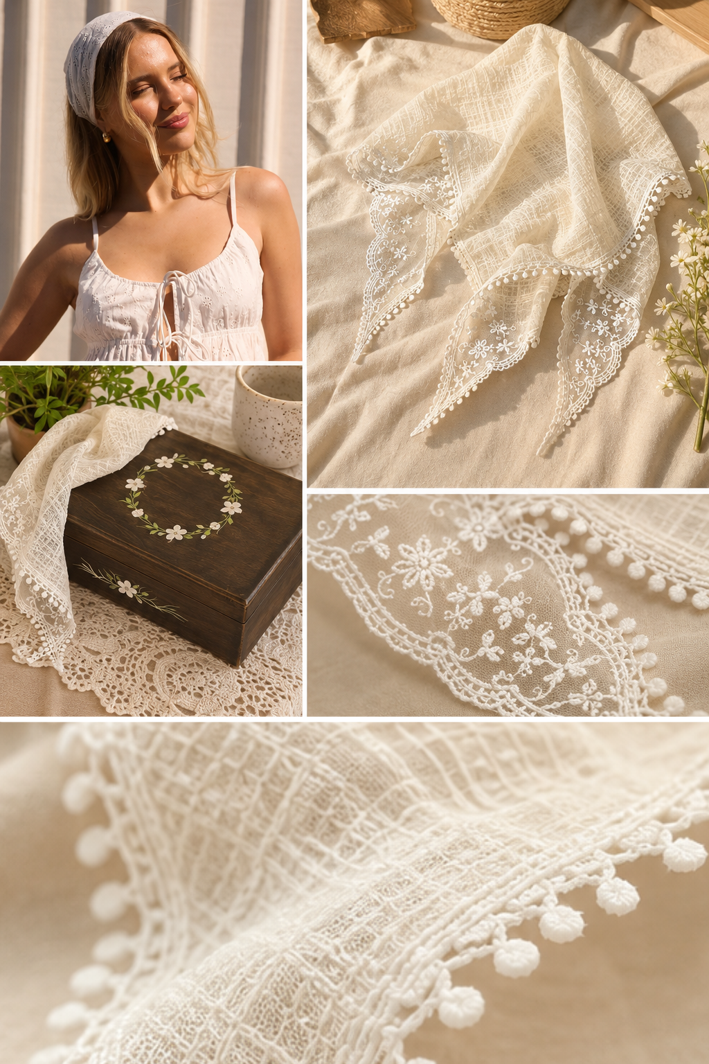 Retro French Lace Hair Scarf | Sheer Linen-Look Kerchief