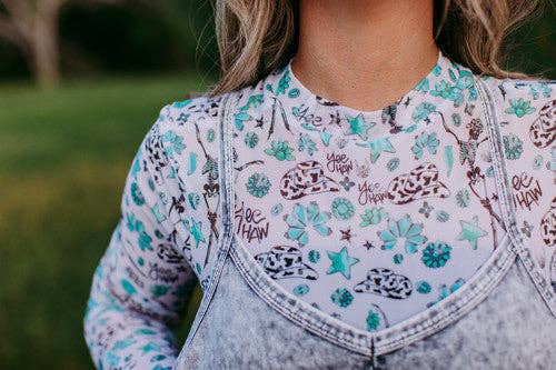 MK459 Halloween Yeehaw Mesh Top: White/Turquoise / M