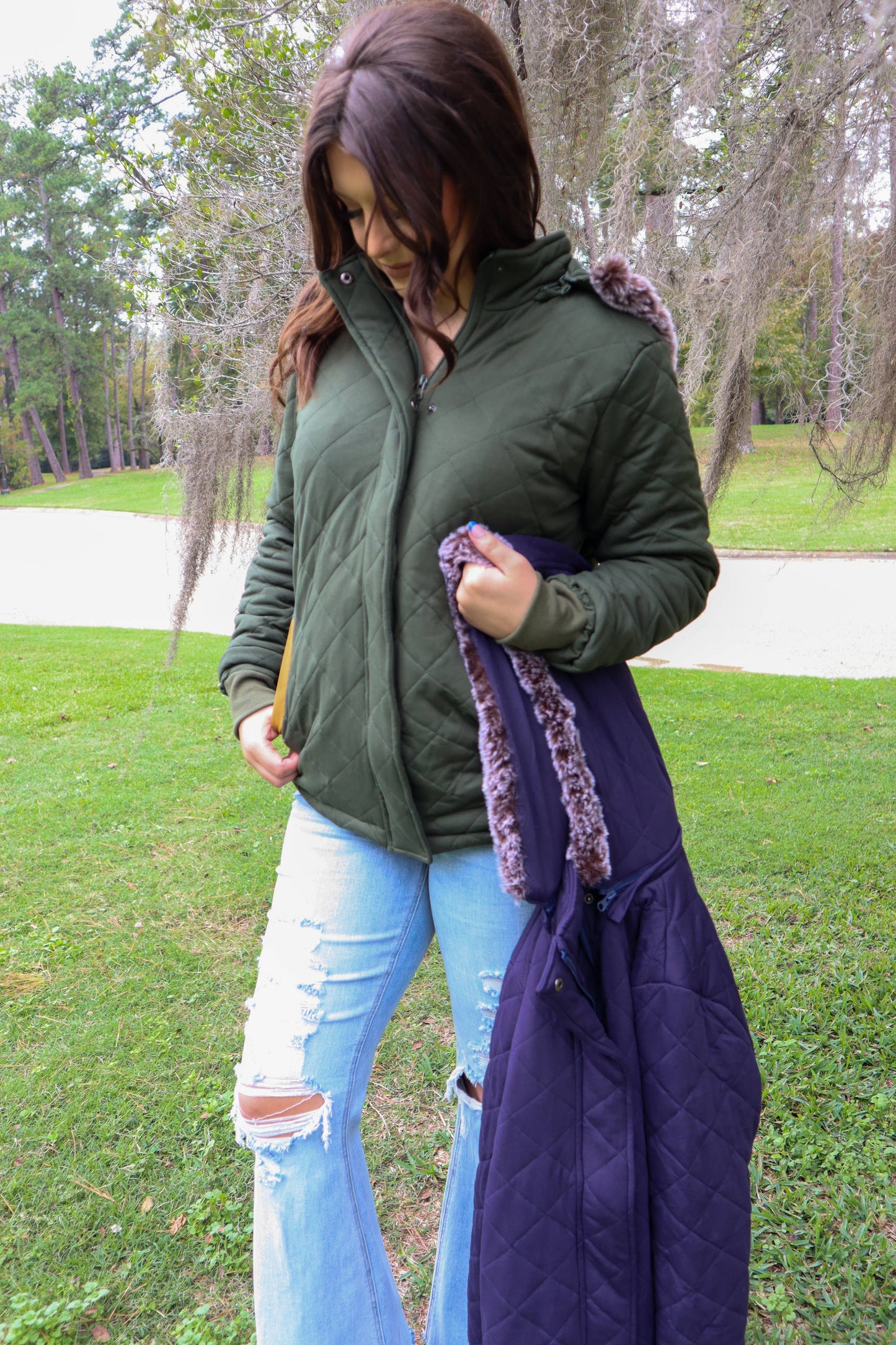 MK132 Carolina Fur Trimmed Quilted Jacket - Navy: NAVY / M