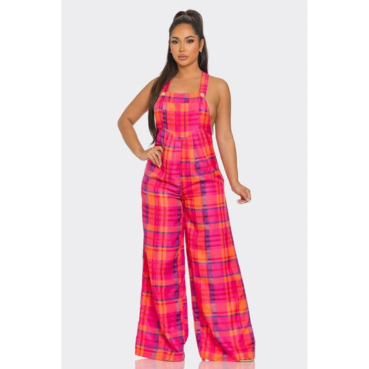 Plaid Chic Wide-Leg Overalls: HOT PINK/MULTI / L
