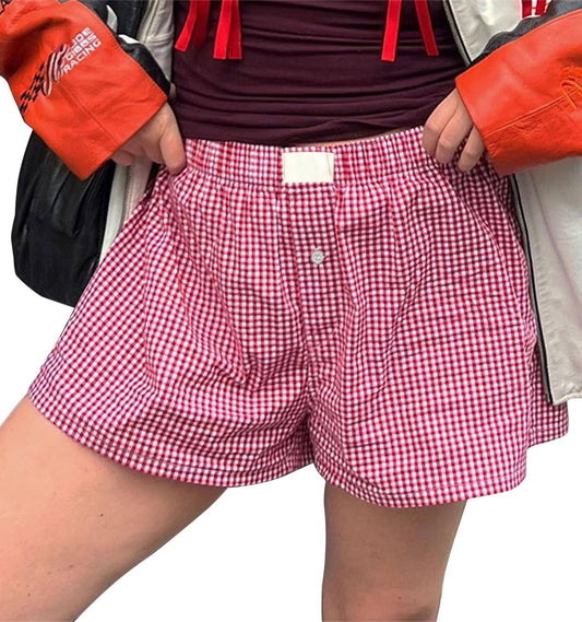 Gingham High-Rise Shorts: RED / S