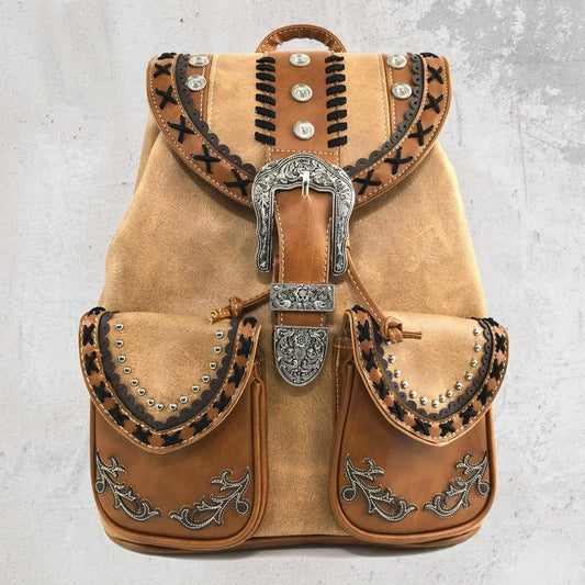 Western Leather Buckle Backpack: Tan