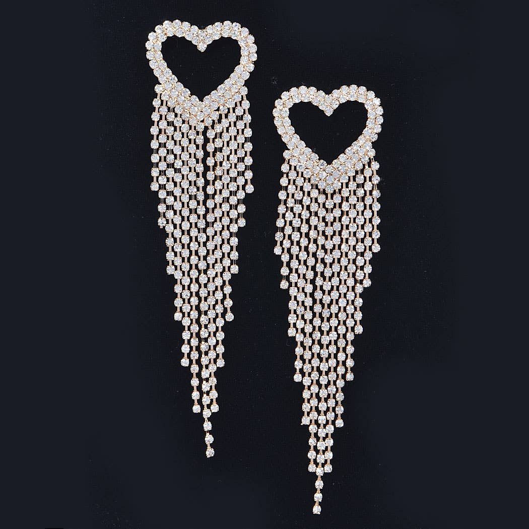 Rhinestone Heart Fringe Earring: Clear Gold