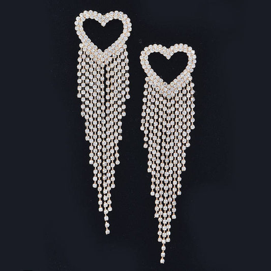 Rhinestone Heart Fringe Earring: Clear Gold