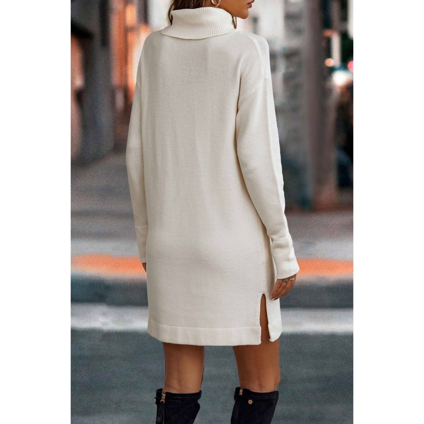 Roll Neck Knit Solid Sweater Dress: BLACK / M