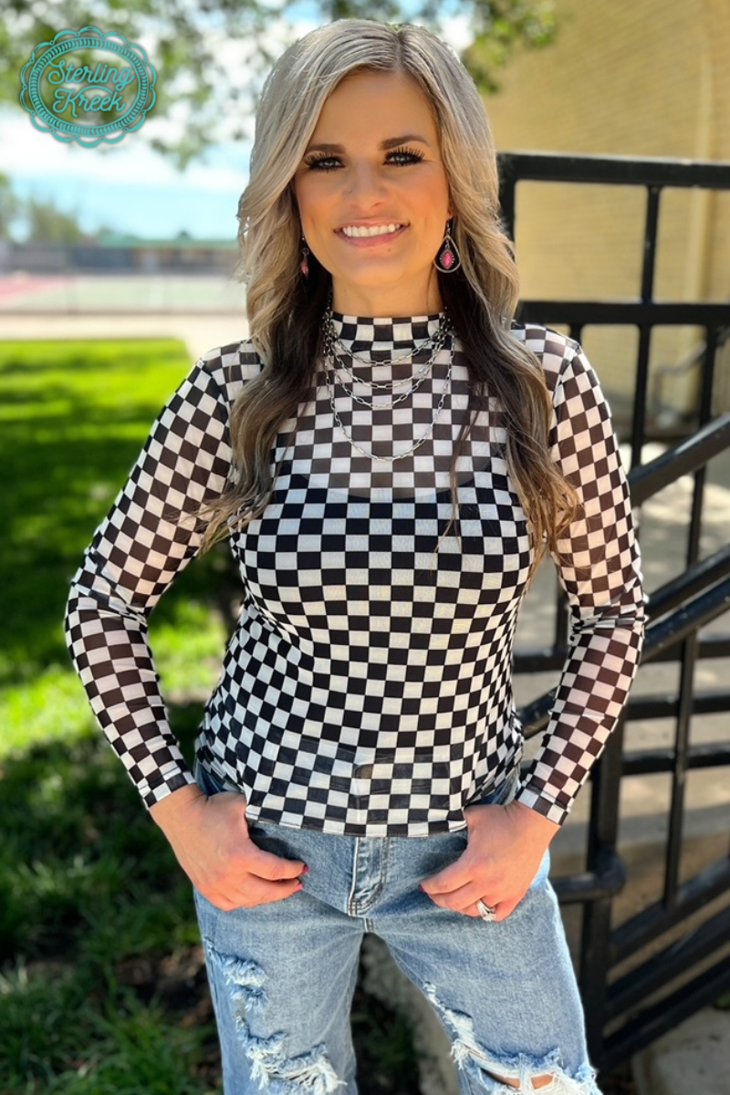Round The Track Mesh Top -  Black and White Checkered