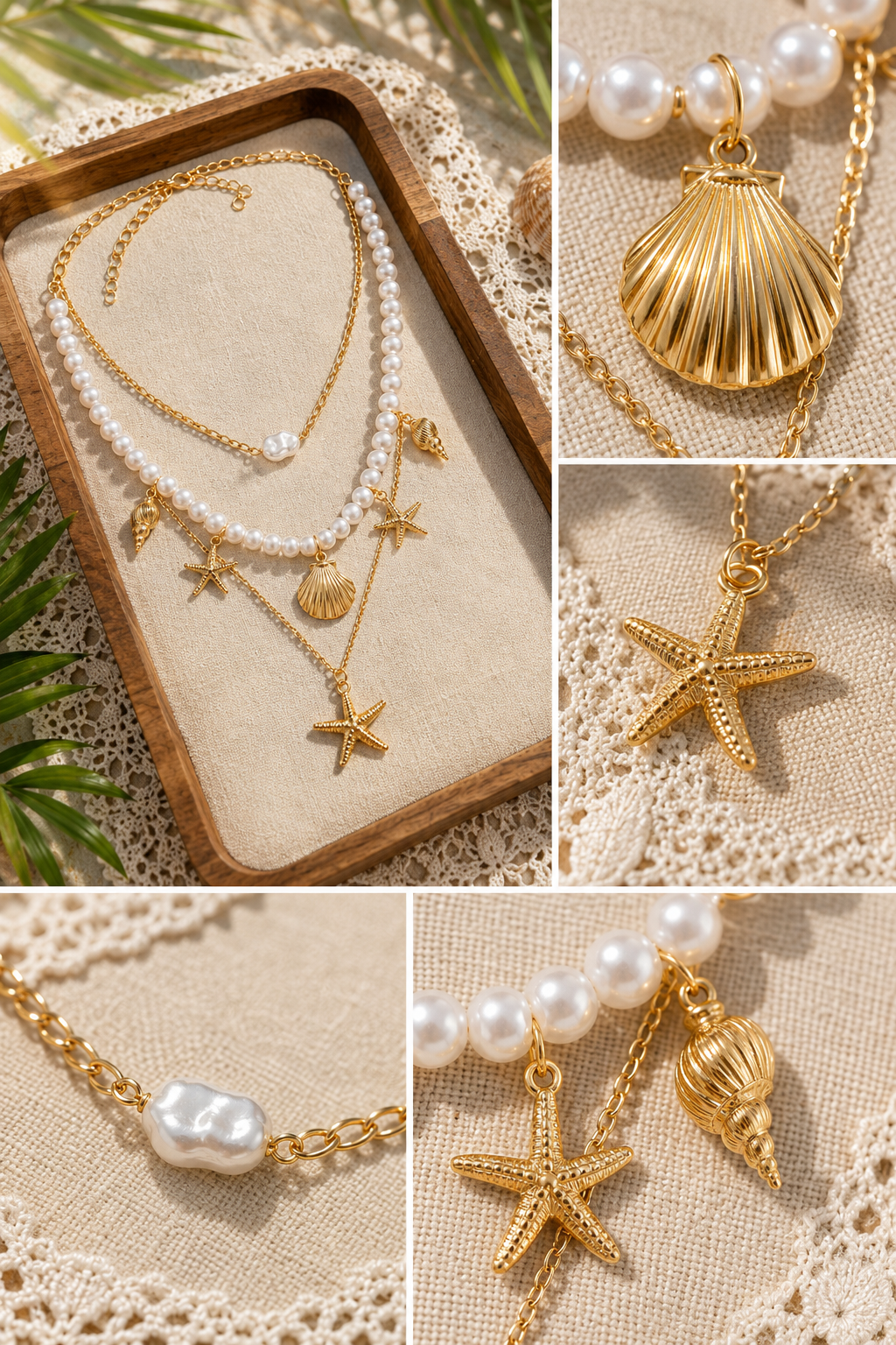 Ocean Life Pendant Necklace - 18K Gold Starfish Shell Conch: Gold Starfish & Pearl Strand