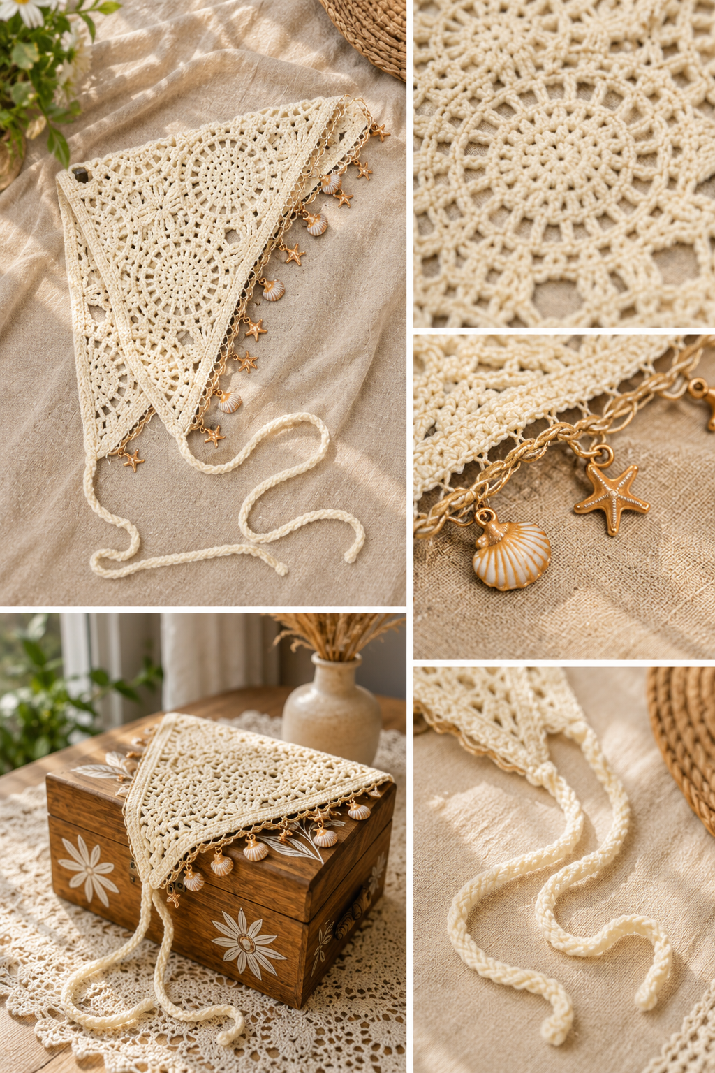 Boho Crochet Hair Bandana Coastal Resort Headscarf Kerchief