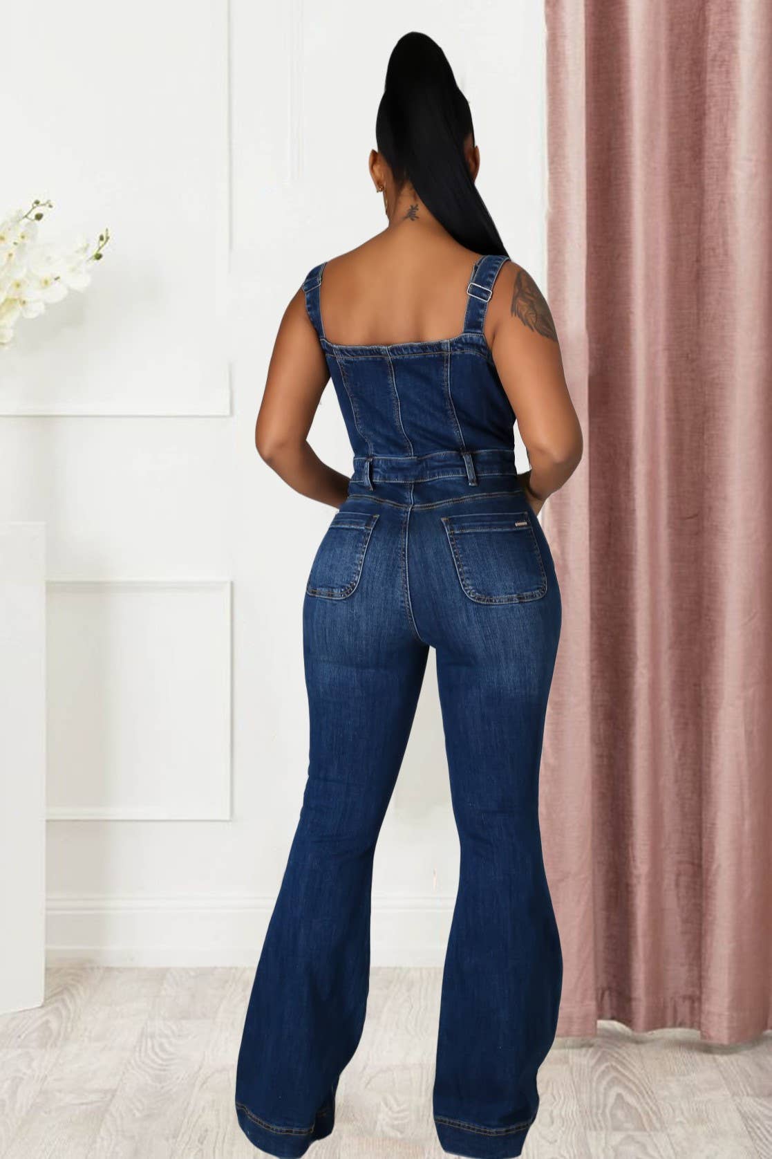 High rise Buttons denim bootcut overalls: Blue / L