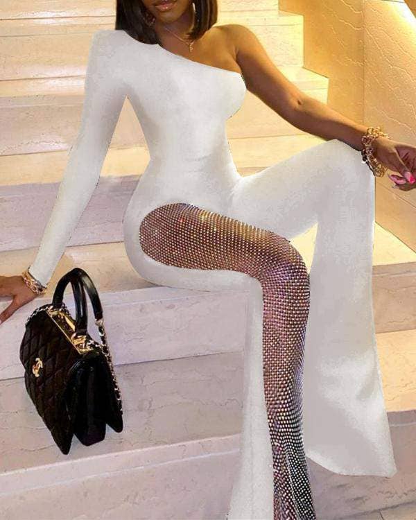 Rhinestone one shoulder flare leg skinny jumpsuit: BLACK / 1-1-1-1 / S-M-L