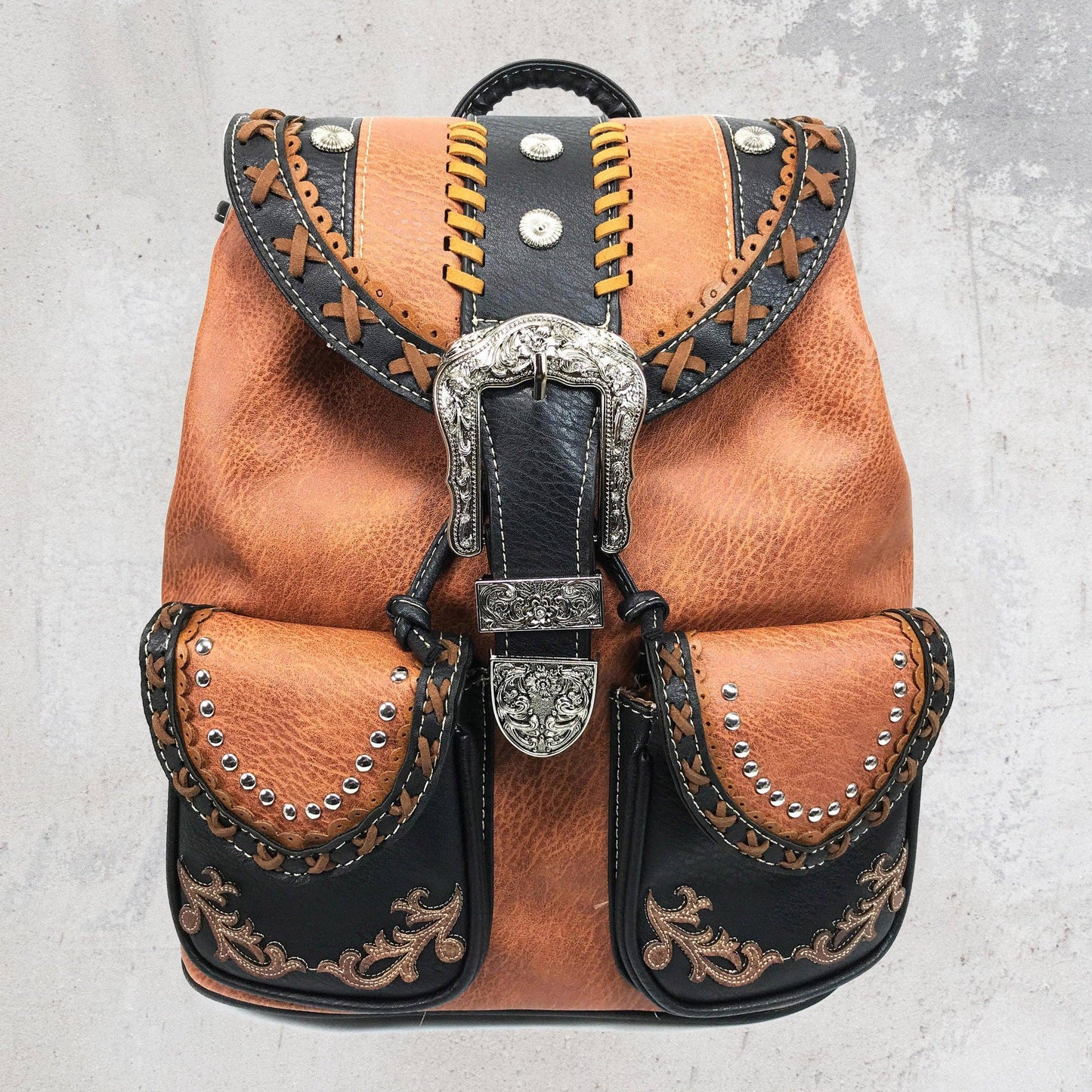 Western Leather Buckle Backpack: Tan