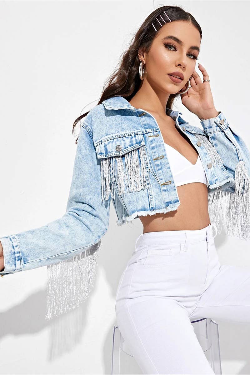 "COUNTRY GIRL" - Shimmer Fringe Detailed Crop Denim Jacket