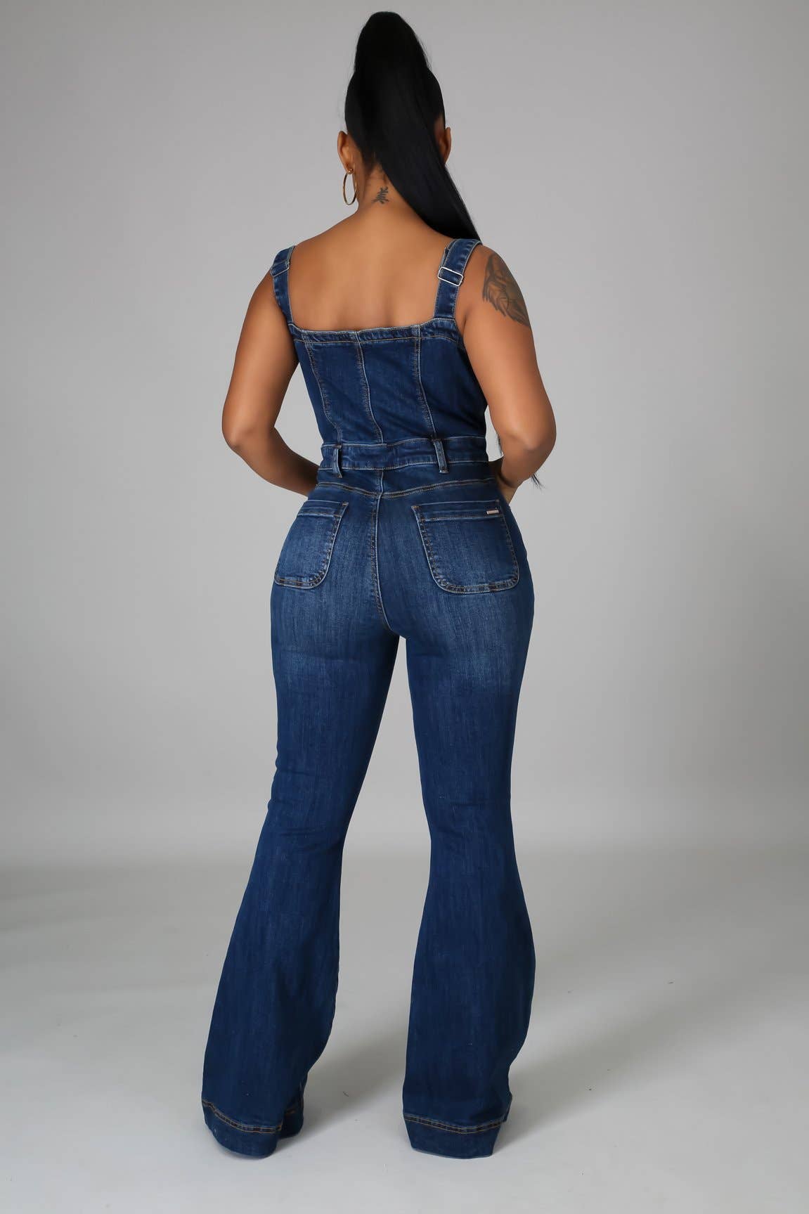 High rise Buttons denim bootcut overalls: Blue / L
