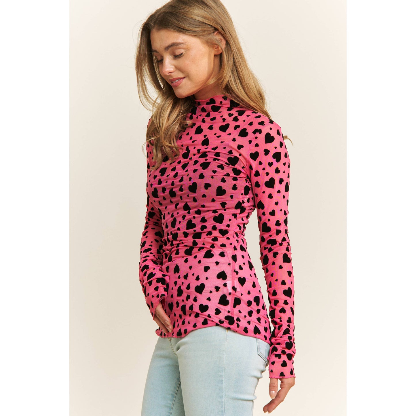 HEART COUNTRY HIGH NECK DESIGN LONG SLEEVE FITTED TOP: Hot Pink with Black Hearts / S-M-L