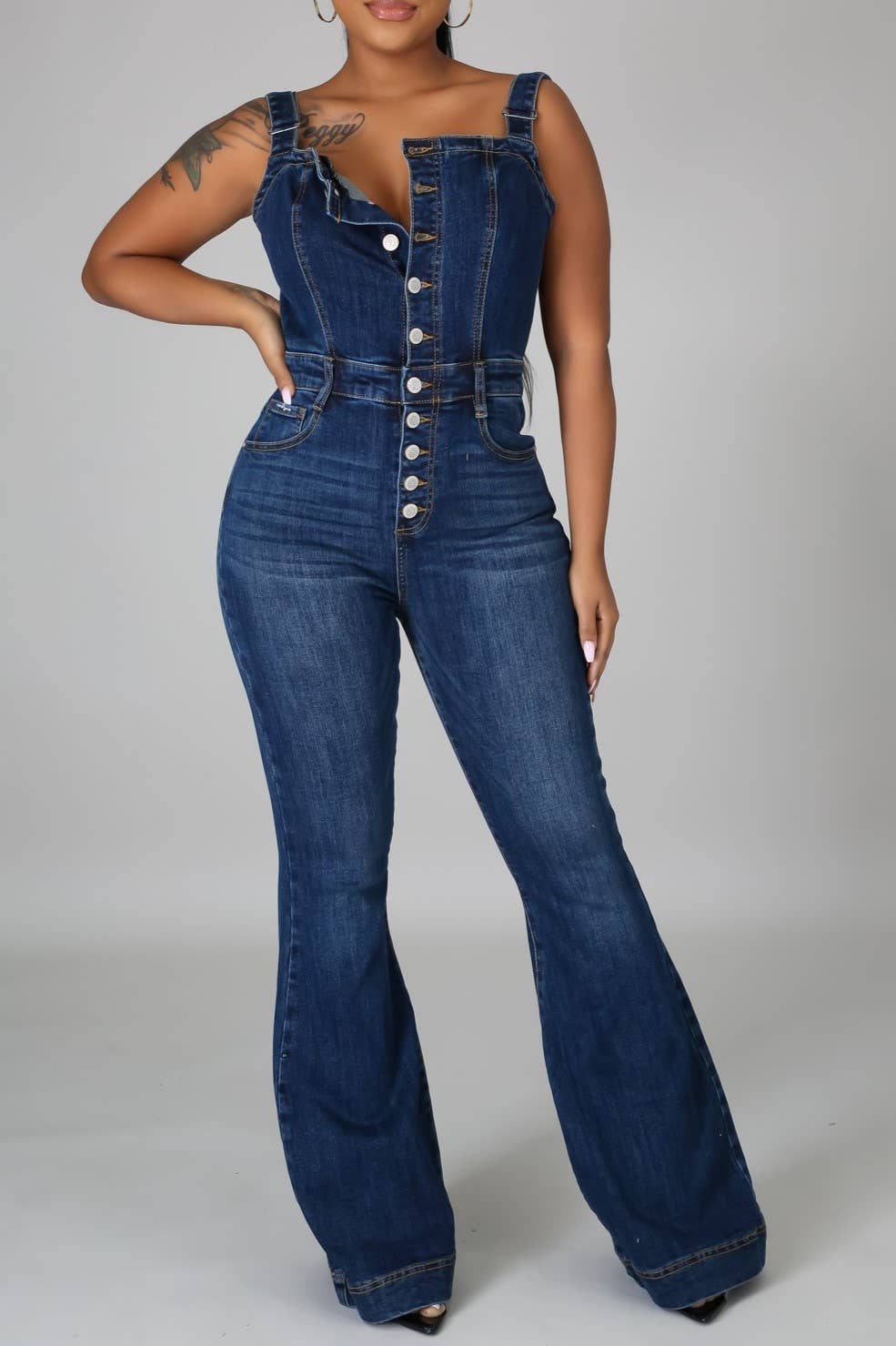 High rise Buttons denim bootcut overalls: Blue / L