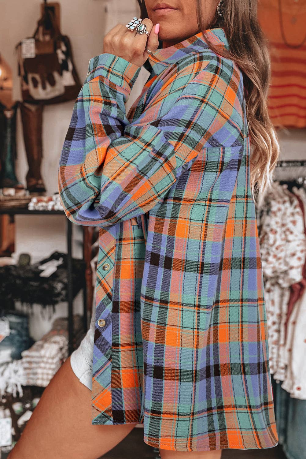 Plaid Long Sleeve Buttoned Shirt: Orange / M