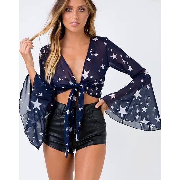 STAR PRINT BELL SLEEVE TIE UP MESH TOP: NAVY