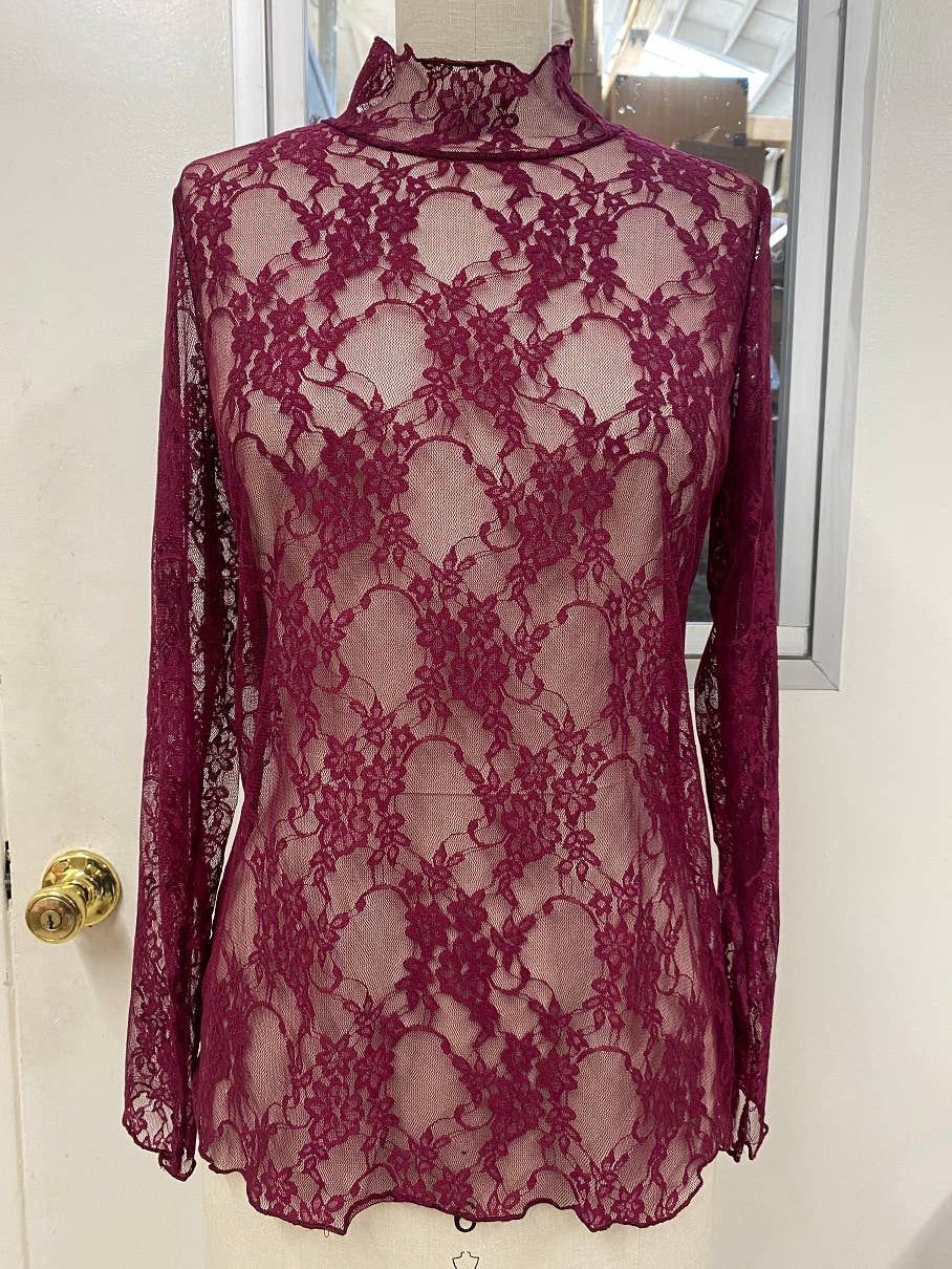 Floral print lace long sleeves top KRT1739: FUCHSIA / S