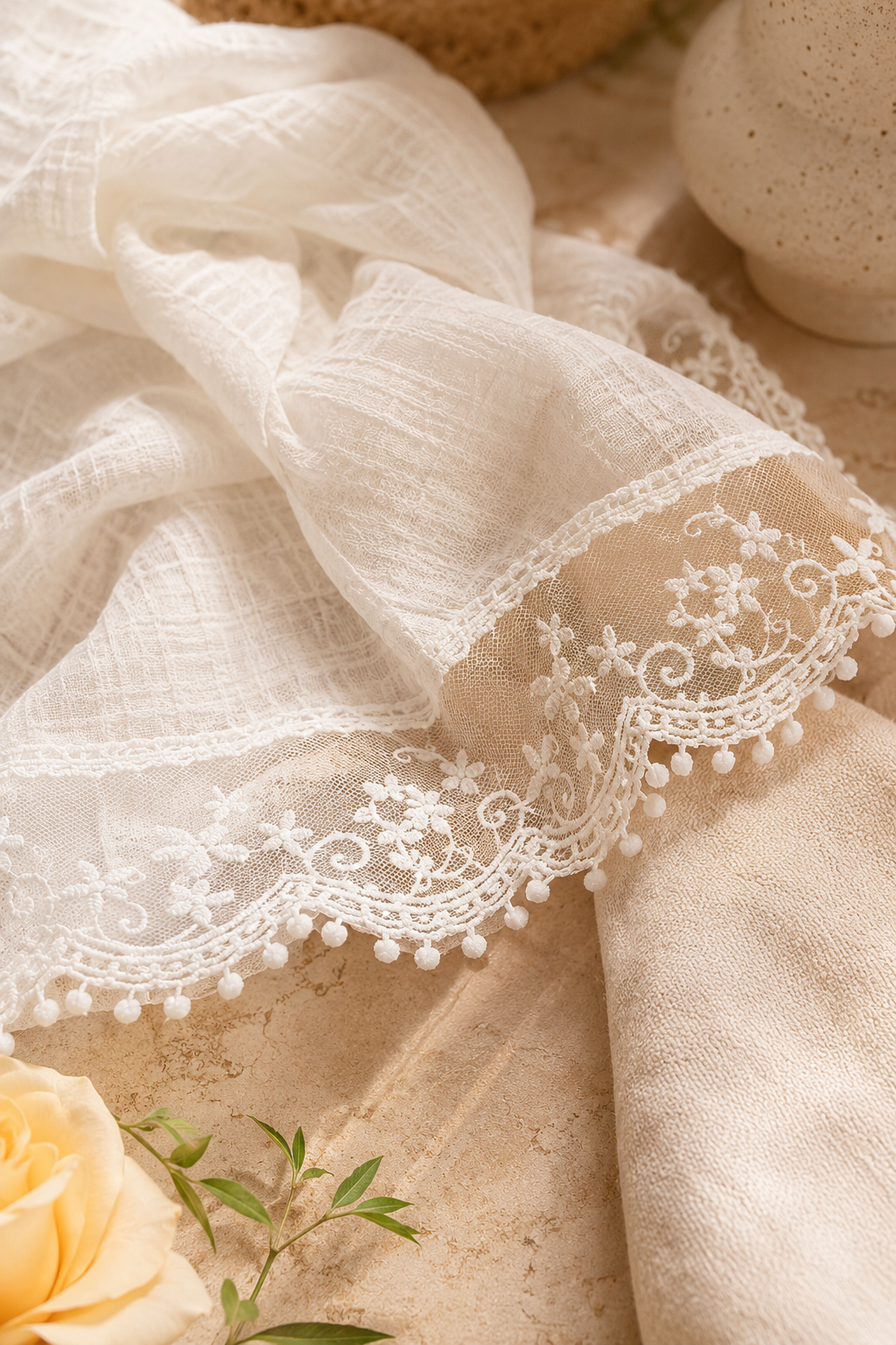 Retro French Lace Hair Scarf | Sheer Linen-Look Kerchief