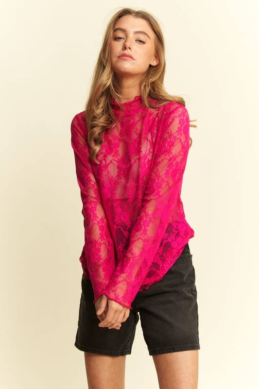 Floral Print Lace Top Long Sleeves Top for Women - Mesh Fabric - Nylon floral shirt - Fuchsia/L