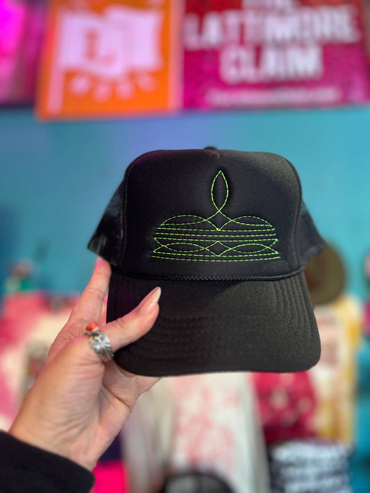 Boot Stitch Trucker Cap BLACK - Thread Colo: Neon Green