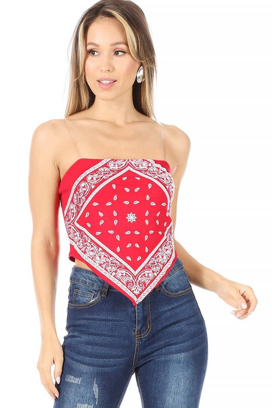 Paisley print, bandana top with clear spaghetti straps
