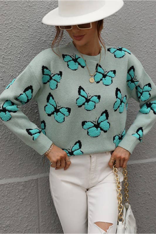 BUTTERFLY PRINTING LONG SLEEVE CASUAL SWEATER: GREEN